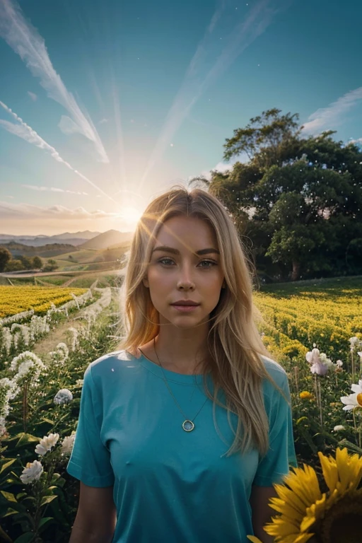 there is a blonde woman with light eyes, cabelos longos, wise woman who represents intuition, with the third eye in evidence, muito colorido, she is in a landscape of flower fields, pexels, surrealismo, fog rising from head, sunbeam behind woman, dissolvendo-se no ar, Quem pode abrir a mente, heightened awareness, consciousness projection, emanando e fluindo energia, com o sol brilhando sobre ele, anything that comes into my mind