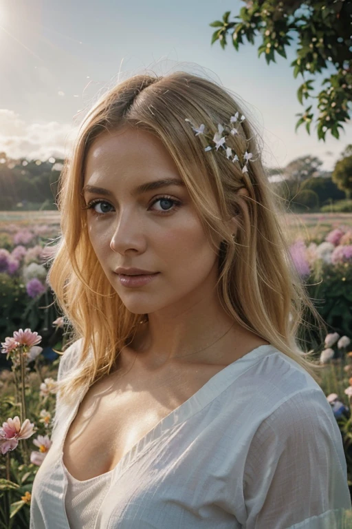 there is a blonde woman with light eyes, cabelos longos, wise woman who represents intuition, with the third eye in evidence, muito colorido, she is in a landscape of flower fields, pexels, surrealismo, fog rising from head, sunbeam behind woman, dissolvendo-se no ar, Quem pode abrir a mente, heightened awareness, consciousness projection, emanando e fluindo energia, com o sol brilhando sobre ele, anything that comes into my mind