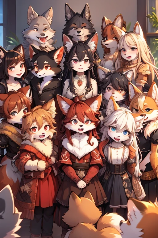 ( Absurdly , High quality , ultra detailed ) ,( hand detailed ) ,absurdres(highly detailed beautiful face and eyes)perfect anatomy, multiple characters, multiple emotions, kids, 6+boys, 6+girls, multiple types of clothes, different fur colorings, wolves, foxes, wolf-foxes, brown fur, gray fur, red fur, tan fur, black fur, white fur, children, different characters