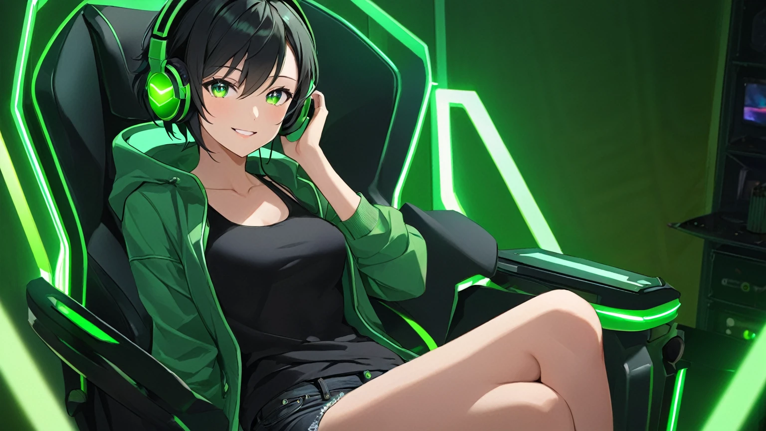 "Sinon Asada is sitting in a green gaming chair, looking sexy and mature with short black hair and beautiful green pupils. She is wearing a green techno jacket, a black tank top, and black jeans, while using headphones with glowing green lights. She smile beautifully for the camera in the room."