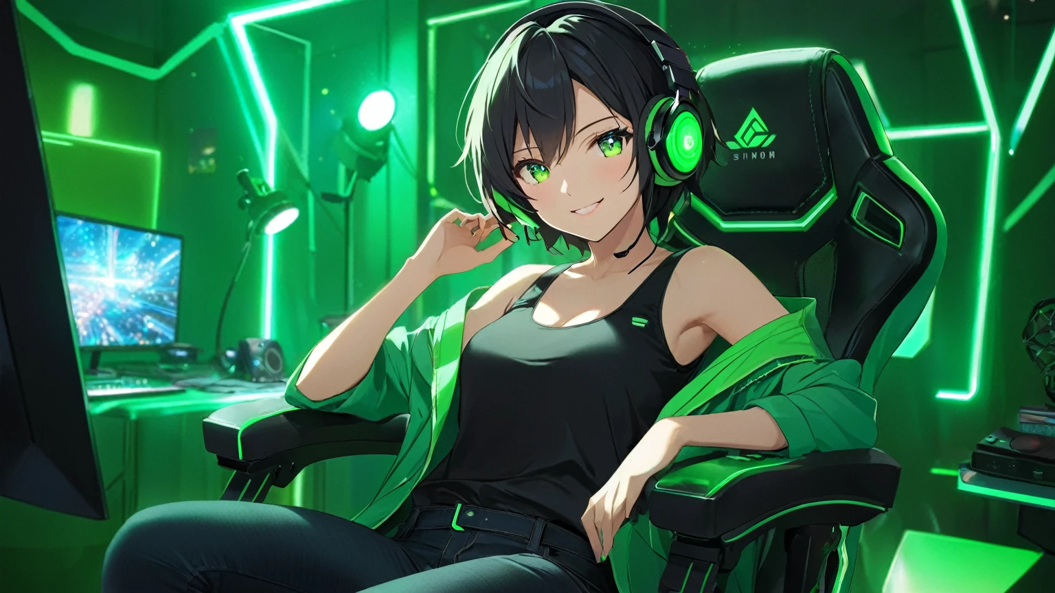 "Sinon Asada is sitting in a green gaming chair, looking sexy and mature with short black hair and beautiful green pupils. She is wearing a green techno jacket, a black tank top, and black jeans, while using headphones with glowing green lights. She smile beautifully for the camera in the room."