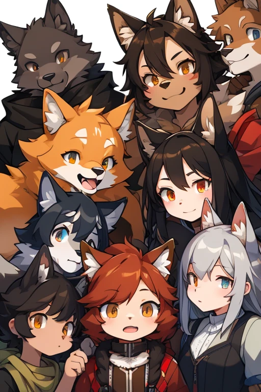 ( Absurdly , High quality , ultra detailed ) ,( hand detailed ) ,absurdres(highly detailed beautiful face and eyes)perfect anatomy, multiple characters, multiple emotions, kids, 6+boys, 6+girls, multiple types of clothes, different fur colorings, wolves, foxes, wolf-foxes, brown fur, gray fur, red fur, tan fur, black fur, white fur, children, different characters