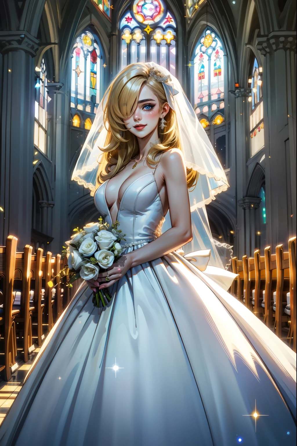 (masterpiece, best quality:1.2), solo, 1girl, hair over one eye, blue eyes, smile, tears, Make up, glitterw3d, dress, white dress, wedding dress, glittery, Wedding, Church interior,