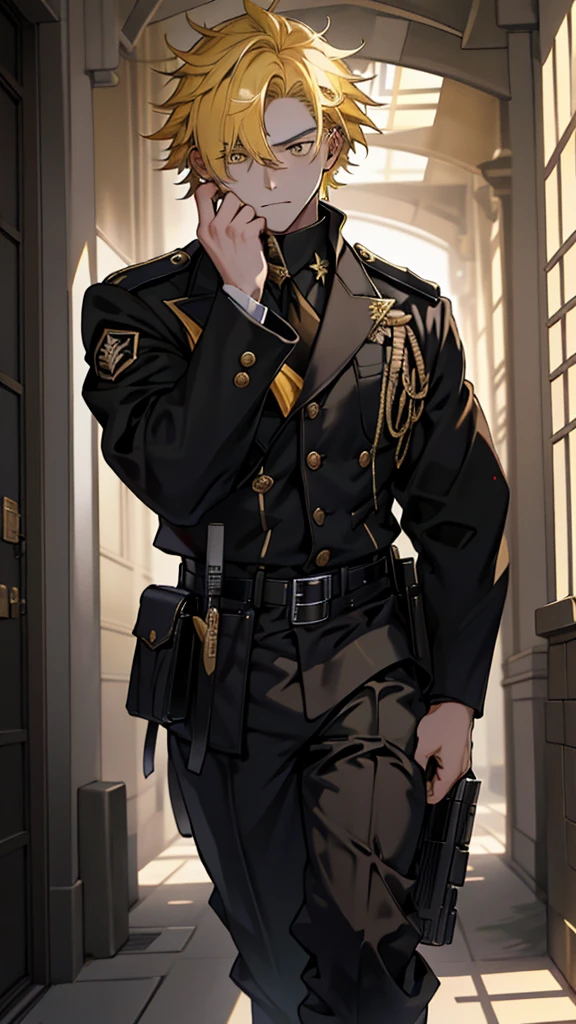Anime Style: A 18-year-old boy with yellow hair cascading over his face, concealing his eyes, is portrayed in this high-resolution, 4K masterpiece. His attire is a black military uniform, and he carries an assault rifle in both hands, giving a mature and determined demeanor. He strides down a dimly lit hallway, the uniform's fabric subtly rustling with each deliberate step, creating an air of seriousness. The artwork, crafted by a renowned artist, exhibits the best quality and attention to detail, with the boy's eyes being particularly captivating due to their ultra-detailed design. The boy's