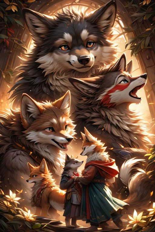 ( Absurdly , High quality , ultra detailed ) ,( hand detailed ) ,absurdres(highly detailed beautiful face and eyes)perfect anatomy, multiple characters, multiple emotions, kids, 6+boys, 6+girls, multiple types of clothes, different fur colorings,  wolves, foxes, wolf-foxes, brown fur, gray fur, red fur, tan fur, black fur, white fur, children, different characters