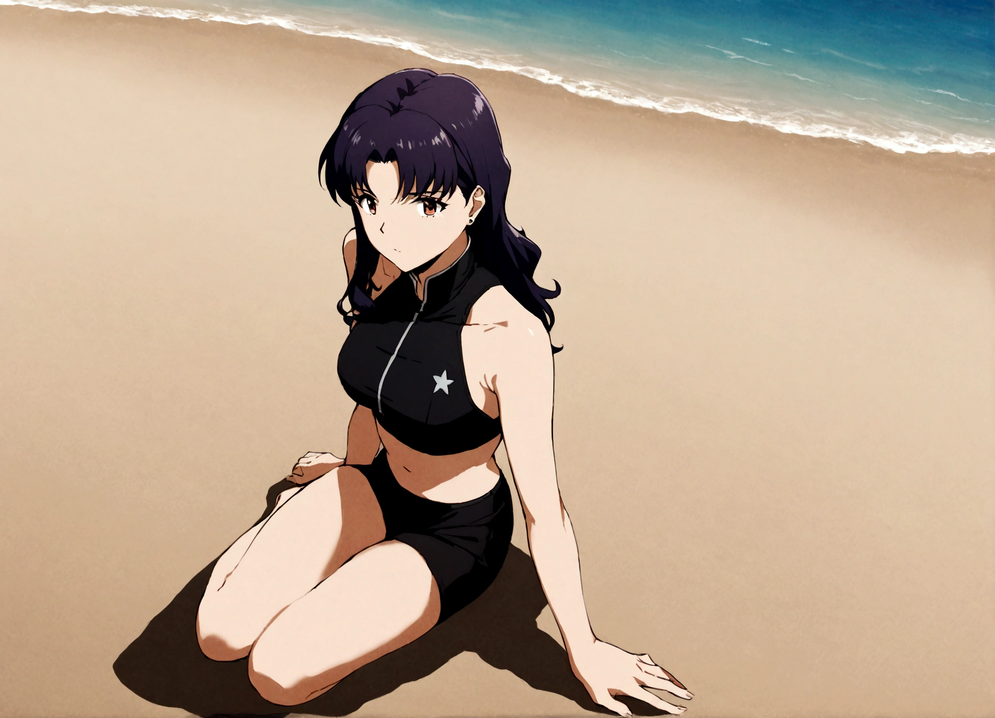 Katsuragi misato,Black Swimsuit,Seaside,Sandy Beach,Sit on the ground,