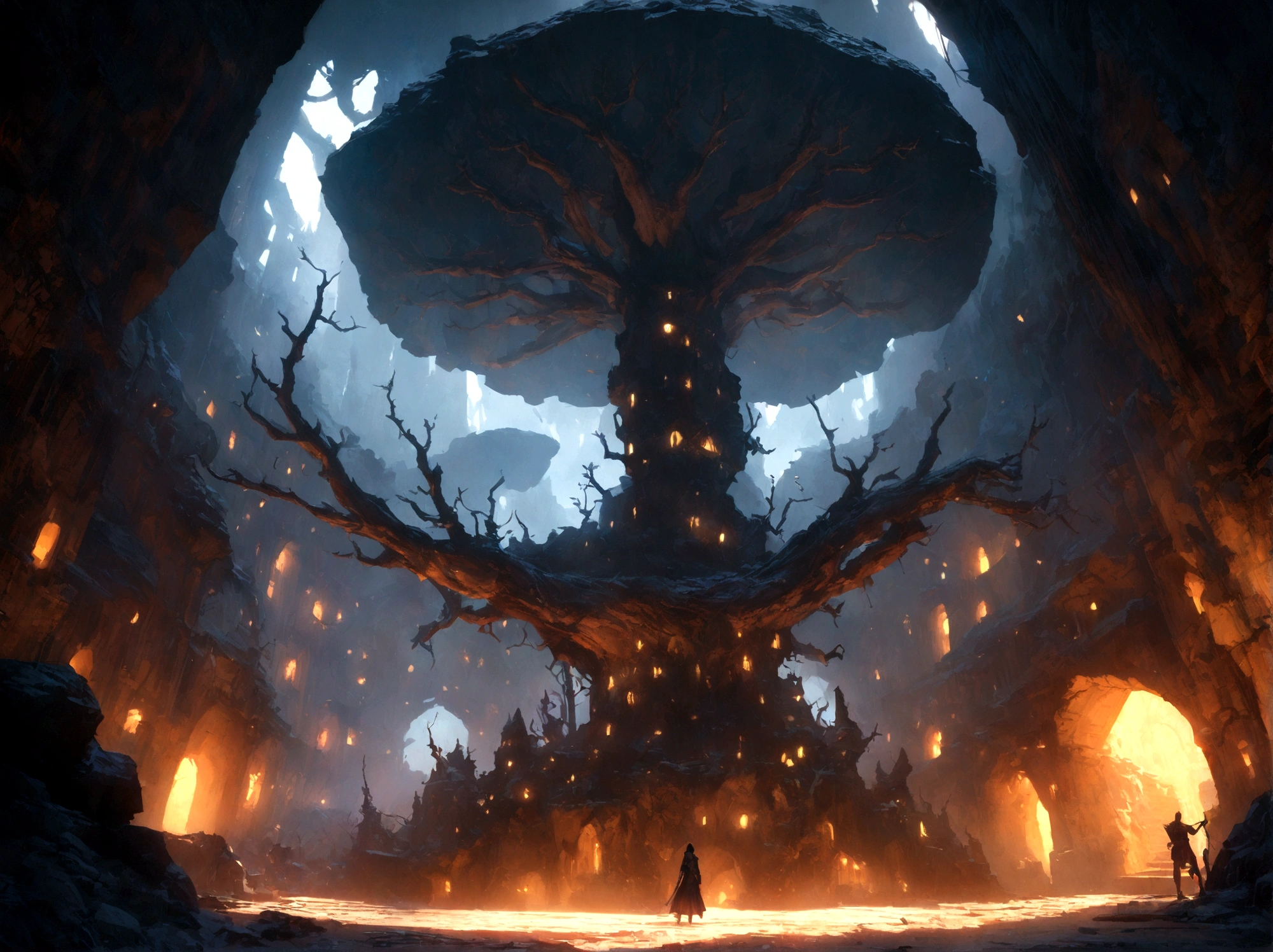 Bird&#39;s eye, direct top-down shot from a drone, Underground Science Prison Battle Map, (massive dark magical roots, growing from the west:1.2), (Black necrotic magic in the air:1.2), fire, Ice and Thunder, dungeons and dragons, last fantasy, Game art, (holistic architecture and interior, With realistic proportions and textures., complex parts, hand drawn, Bright, cinematic lighting, masterpiece, 8K:1.2)