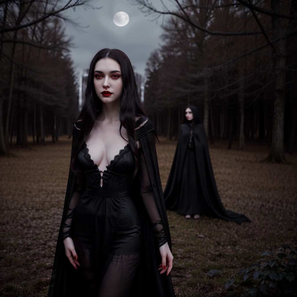 A vampire girl in all her dark splendor, long dark hair cascading over pale shoulders, framing a pale, angular face, deep red eyes glowing with hypnotic intensity, reflecting moonlight in the night sky, wearing a long black dress adorned with lace details and a fitted bodice, draped in a fluid dark cloak, pale skin contrasted by deep red lips revealing sharp fangs as she stands proudly at night, a creature of darkness ready to hunt.