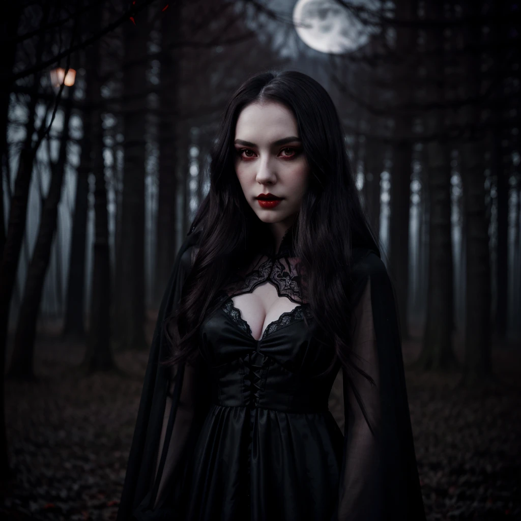 A vampire girl in all her dark splendor, long dark hair cascading over pale shoulders, framing a pale, angular face, deep red eyes glowing with hypnotic intensity, reflecting moonlight in the night sky, wearing a long black dress adorned with lace details and a fitted bodice, draped in a fluid dark cloak, pale skin contrasted by deep red lips revealing sharp fangs as she stands proudly at night, a creature of darkness ready to hunt.