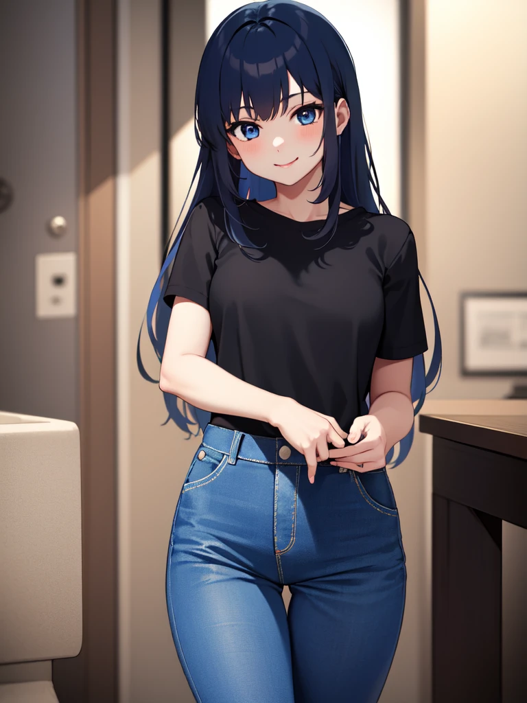 gonzarez, masterpiece, , 1girl, solo, smile, blue hair, blue eyes, long hair, black top, pant, full pant 