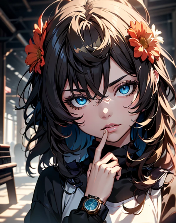 a beautiful girl with long brown hair, blue eyes, no bangs, wearing a white t-shirt with flowers and black sweatpants, with a watch on her right hand, blue mask over the face, (best quality,4k,8k,highres,masterpiece:1.2),ultra-detailed,(realistic,photorealistic,photo-realistic:1.37),detailed face, detailed eyes, detailed eyebrows, detailed nose, intricate details, cinematic lighting, vibrant colors, soft shadows, warm tones, natural lighting, photographic, digital painting, high definition, sharp focus