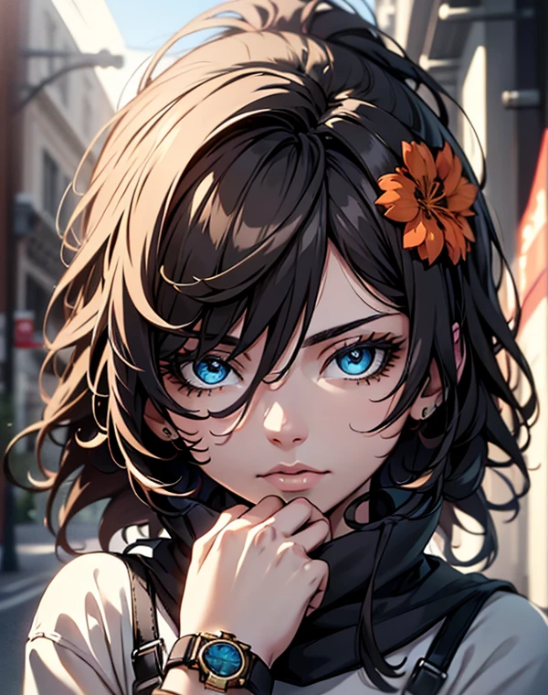 a beautiful girl with long brown hair, blue eyes, no bangs, wearing a white t-shirt with flowers and black sweatpants, with a watch on her right hand, blue mask over the face, (best quality,4k,8k,highres,masterpiece:1.2),ultra-detailed,(realistic,photorealistic,photo-realistic:1.37),detailed face, detailed eyes, detailed eyebrows, detailed nose, intricate details, cinematic lighting, vibrant colors, soft shadows, warm tones, natural lighting, photographic, digital painting, high definition, sharp focus