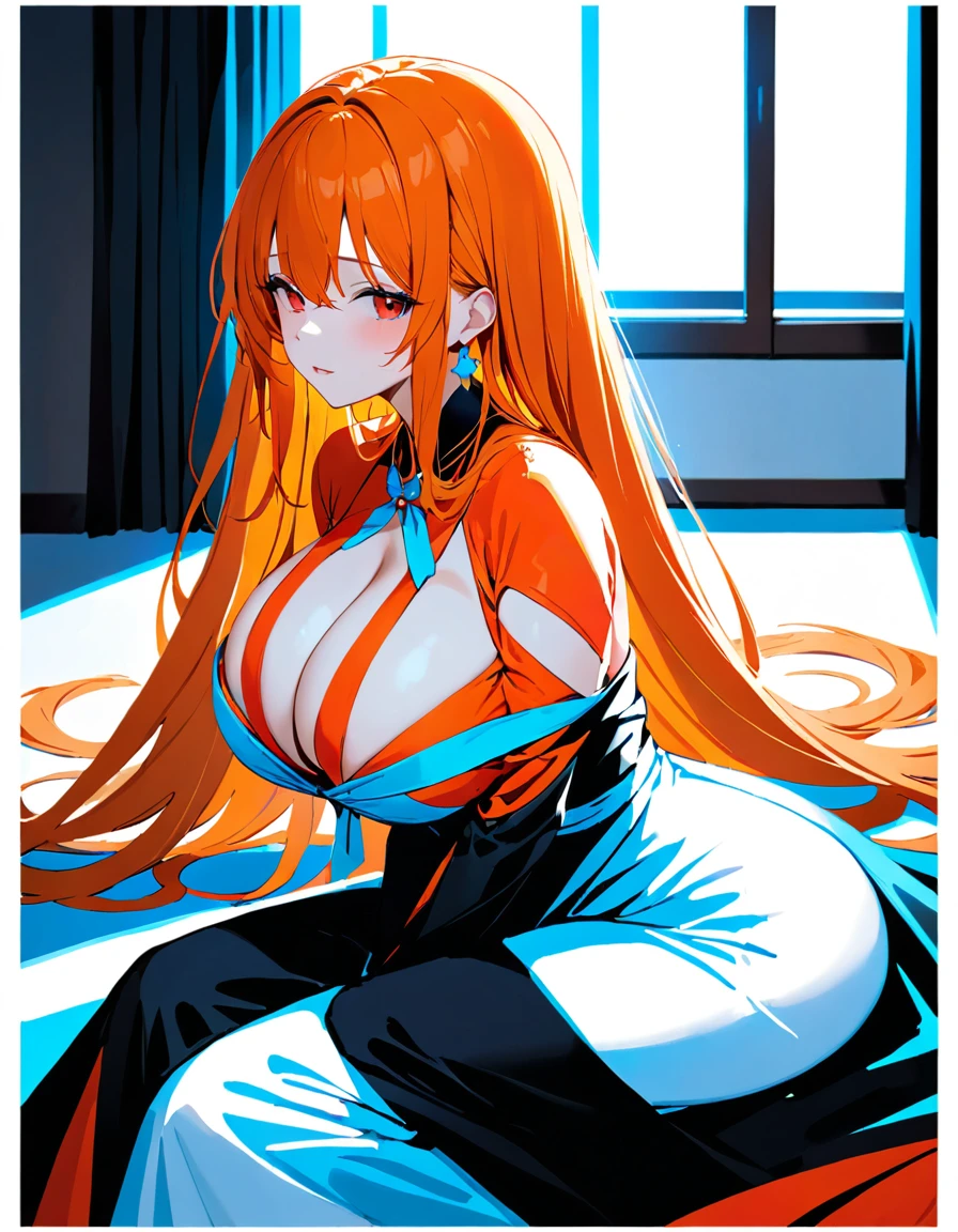 (masterpiece, best quality: 1.2), high resolution, high quality, girl, cute , big boobs, sexy long dress random, orange very long hair, red eyes,
sitting sideways, looking at viewer, ,