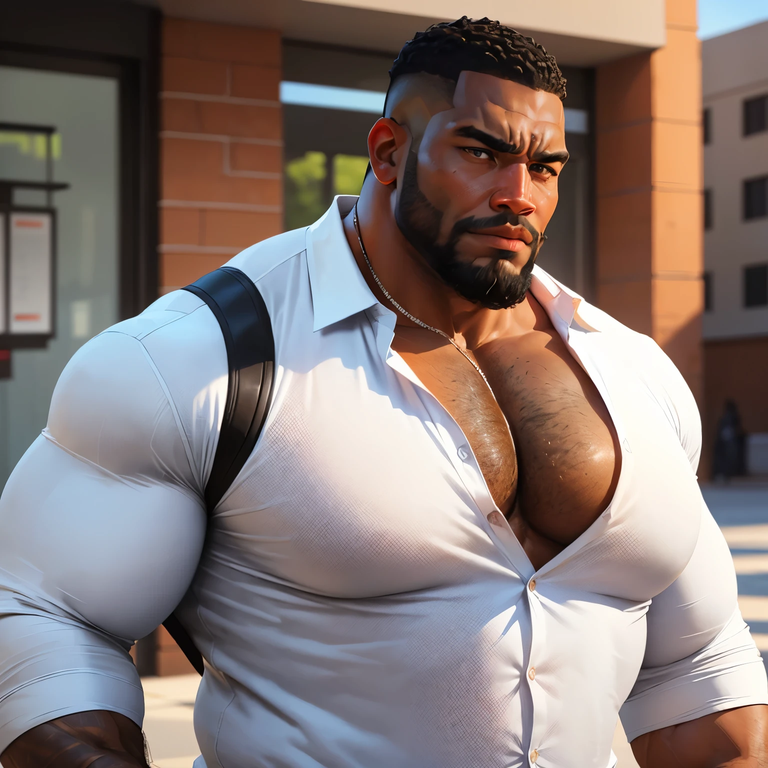 an exaggeratedly muscular and large bodyguard, beefy build, beard, dark-skinned african american male, buzzcut hair with square line, (worried expression: 1.2), (wearing white business casual shirt: 1.2), wearing backpack, (bara pecs: 1.3), beefy pecs, (arm and chest hair: 1.2), portrait HD, (outdoor university dorm)