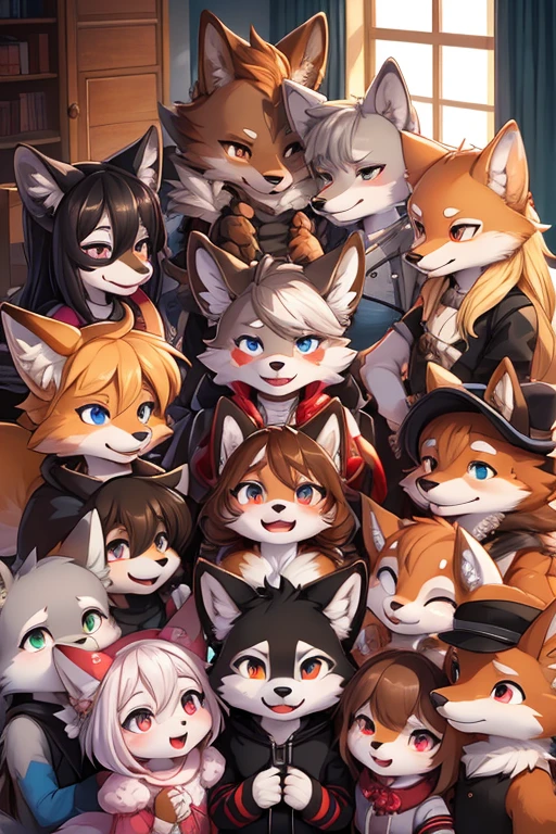 top quality, best quality, High-quality illustrations, masterpiece, super high resolution, detailed background, detailed background, Wedding attendees, chies, group shot, 6+boys, 6+girls, night sky, absurdres(highly detailed beautiful face and eyes)perfect anatomy(Photo of family trip)(kemono, furry anthro)selfie,