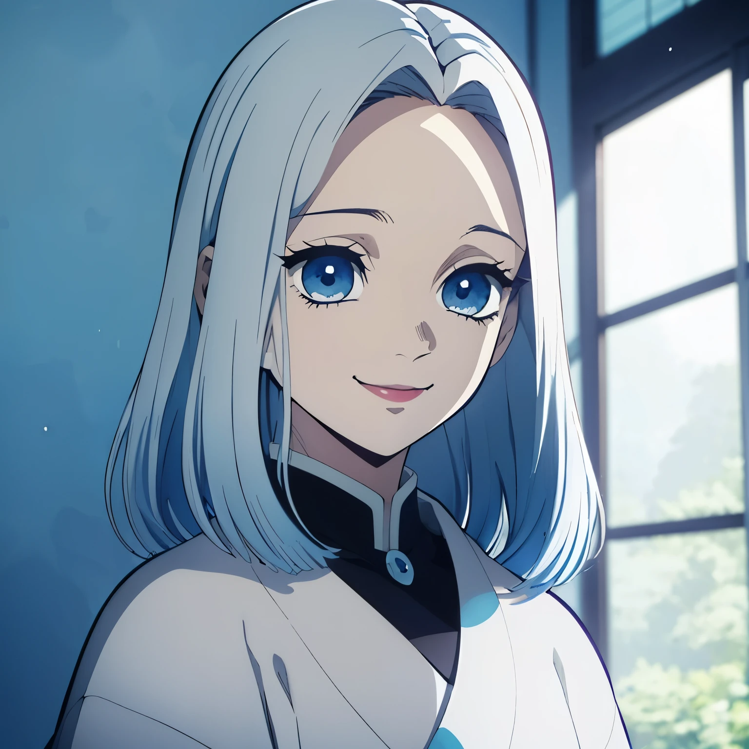 cabelo branco, Cabelo longo e liso, olhos azuis, garota linda, quimono azul, haori branco, day time, sorriso, Foco facial, sorriso, pino de cabelo de borboleta, fundo casa japonesa, Mystery Gaze, olhar misterioso,
