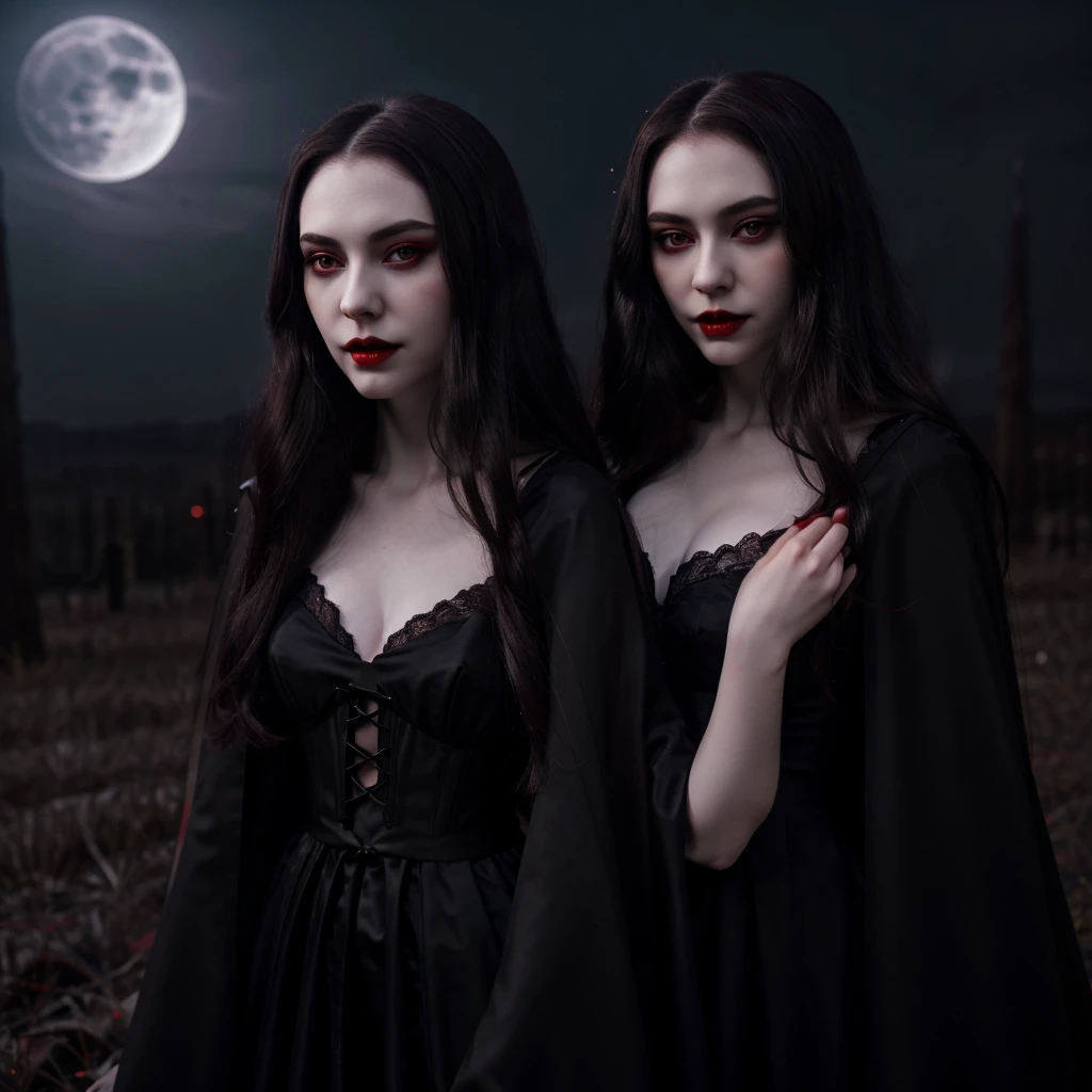 a vampire girl, long dark hair, pale shoulders, pale angular face, deep red glowing eyes, moonlight, long black dress, lace details, fitted bodice, dark cloak, pale skin, deep red lips, sharp fangs, night, creature of darkness, hunting