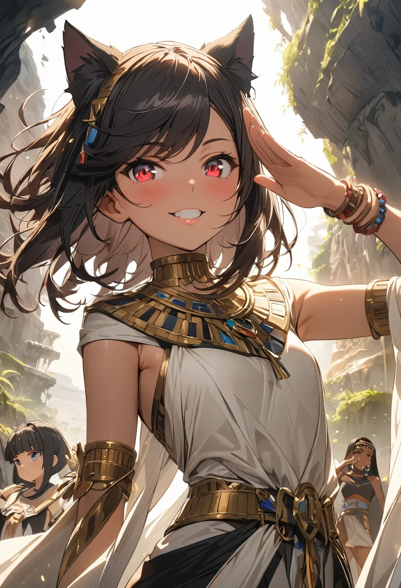 ((Masterpiece)), (Anime:1.3), ((best quality)), (super detail:1.2), (High Definition:1.3), (Professional Photography:1.2), (sharp focus), (perfect light), ((12 years old)), (2girls:1.3), Textured skin, cinematic lighting, Very pretty Egyptian girl, (grin), (Egyptian National Dress), (Healthy slim body), dark red eyes, (Beautiful diamond eyes:1.5), (put on cat ears), ((glossy lips)), Slender body, dark skin, (Healthy skin), (Fine gemstone bracelets), medium hair, unruly hair, (swept bangs:1.3), BREAK, ((best quality)), (super detail:1.2), (Cute Saluting), (ancient ruined overgrown), Landscape below the deep cliff,