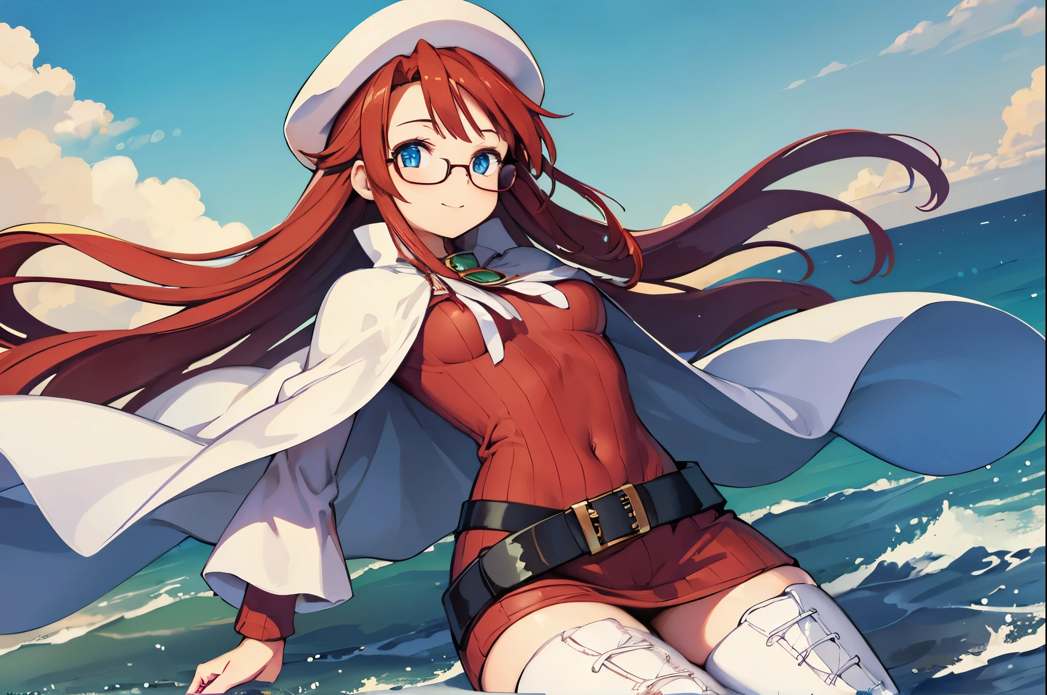 summonnightaty, aty, (young:1.3),long hair, blue eyes, red hair, big_berets, hat, glasses,
BREAK long hair, thighhighs, hat, dress, naked_legs, glasses, belt, cape, sweater, zettai ryouiki, beret, thigh boots, white footwear, ribbed sweater, loose belt,solo,
BREAK outdoors, fantasy,on_beach,
,Highquality_hads,perfect_fingers,
BREAK (masterpiece:1.2), best quality, high resolution, unity 8k wallpaper, (illustration:0.8), (beautiful detailed eyes:1.6), extremely detailed face, perfect lighting, extremely detailed CG, (perfect hands, perfect anatomy),covered_nipples,covered_navel ,half_eyes,long_sword,sleepy,standing,red_sweater,apart_knees,magical_effect,spread_legs, have_a_book,teacher,rise_knee,Smile,rise_hand,look_down_viewer,spread_arms,sea_waves,looking_into,blue_sky,sitting