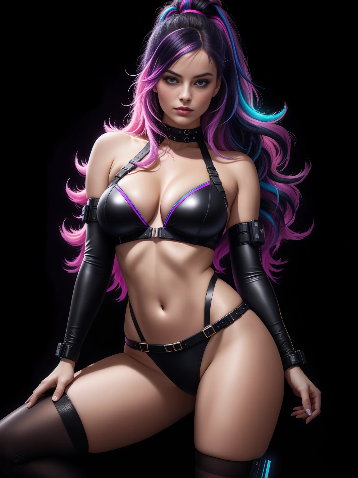 there is Margot Robbie, navy blue and bright purple neon streaked hair, hair in pony tail, 3 d neon art of a womans body, neon-noir background, cyberpunk femme fatale, seductive cyberpunk dark fantasy, cyberpunk strip clubs, cyberpunk 20 y. o model girl, oppai cyberpunk, banner, high definition cgsociety, cgsociety masterpiece, trending on cgstation, kda, random hair, looking at camera, gigantic breasts, cleavage, (high detailed skin:1.2), 8k uhd, dslr, super lighting, high quality, film grain, high res, highly detailed, hyper realistic, beautiful face, beautiful body, beautiful eyes nose lips, alluring expression, very bold, upper  visible, full body photo, standing legs apart, pale translucent glowing skin, most beautiful face, cute, (well defined pubic hair:1.2)), (dark plain black background:1.4))