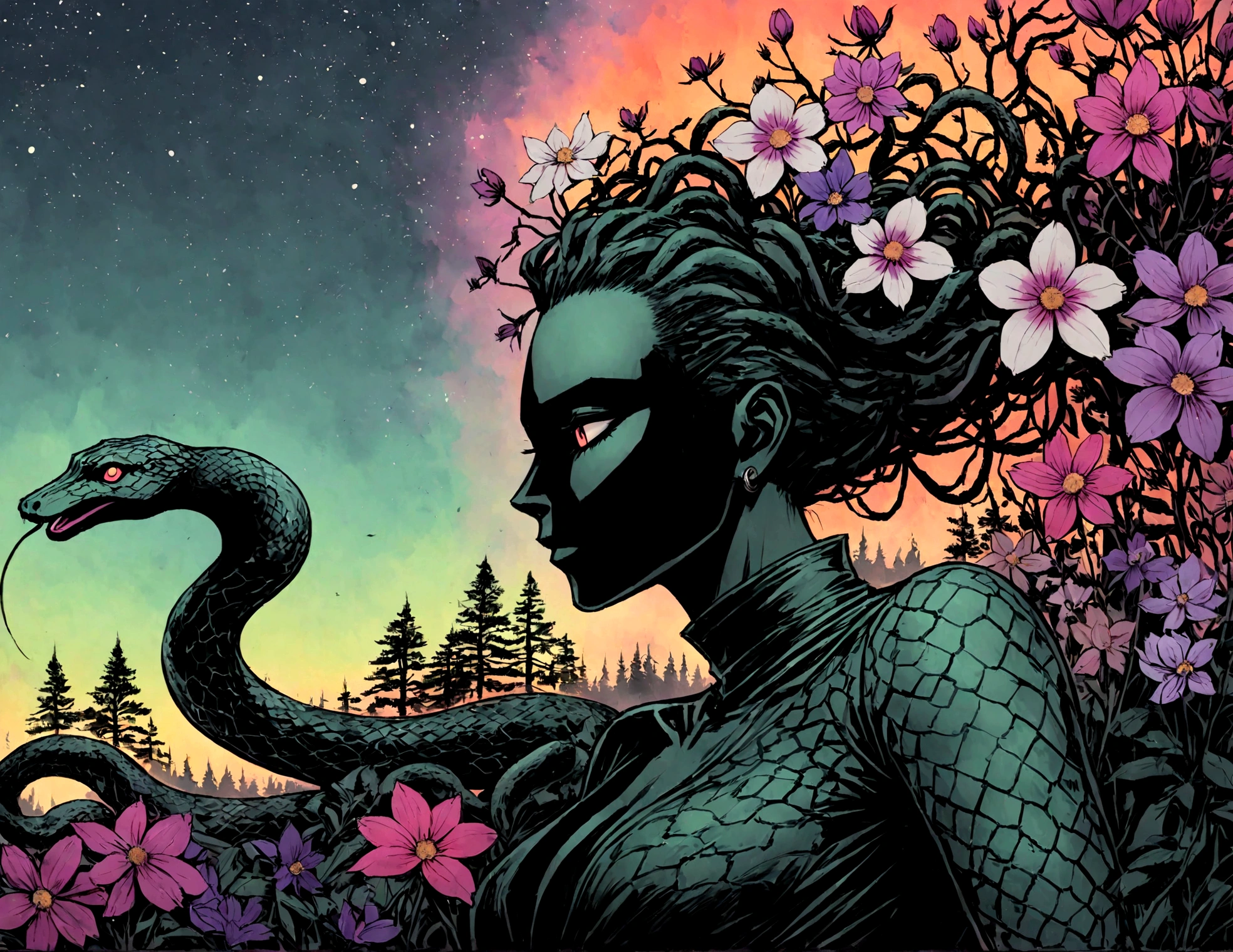 Medusa, splash page decompressed comic cover art, ink style figure, ((expressive Joelle Jones and "Sean Gordon Murphy" comic drawing)), wordless, cinematic poster, abyss void black no visibility darkness, forest green, earth brown), morphology anatomy drawn Frederic Delavier musculature anatomical illustration, (face, ornate black metal corpse paint, resembles Grace Jones), full length portrait, colors, bleak muted deep fiery radiant glowing ROYGBIV, (background, pine barrens, entropy, rewilding, magic hour sunset, galaxy stars, cosmos), candid, snake skin dress, (body, Naga, snakefolk, lower body snake tail, snake woman hybrid, bald, hairless, skeleton, snake skin tattoos, piercing eyes, snake pupils, over the shoulder), craftsmanship nuance, (Gerardo Zaffino charcoal), (horror, abstract, surreal, body, cosmic), subliminal orchids, nyctophobia, silhouette, double exposure, image within image,
