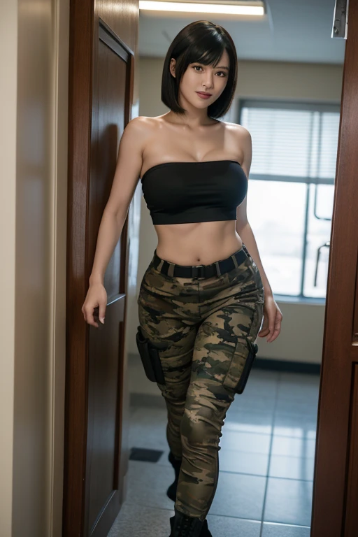 Ada Wong in Resident Evil remake woman, length hair, black hair, straight hair, blunt bangs hair, sexy woman, military, smiling, single woman, large breasts, tight camouflage strapless tube top, tight camouflage short legging pants, sexy pose hot, military dormitory bathroom place