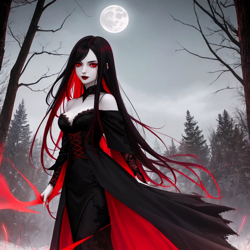 a vampire girl, long dark hair, pale shoulders, pale angular face, deep red glowing eyes, moonlight, long black dress, lace details, fitted bodice, dark cloak, pale skin, deep red lips, sharp fangs, night, creature of darkness, hunting