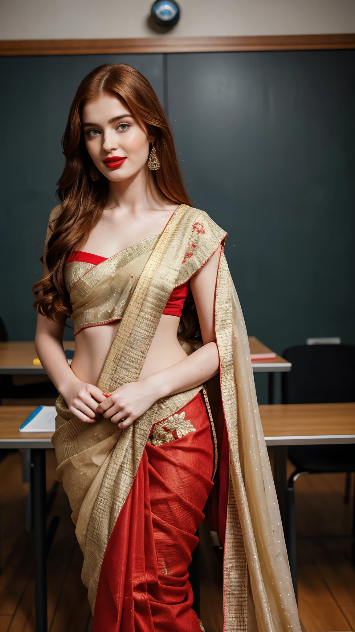 Pornstar jia lissa, inside class room behind blackboard  sassy photoshoot, (wearing full Indian saree ),(red lipstick, sexy bright face), (intricate detailing of face eyes nose mouth full lips & body parts), textured skin, smile:0.6, eyes symmetry, face symmetry, 256K, HDR, hyper realistic, intricate detailing, yotta-pixel image, yocto-pixel detailing, super realistic,4k, HDR, detailed image, full cover saree, full body capture, whole body capture in this picture 