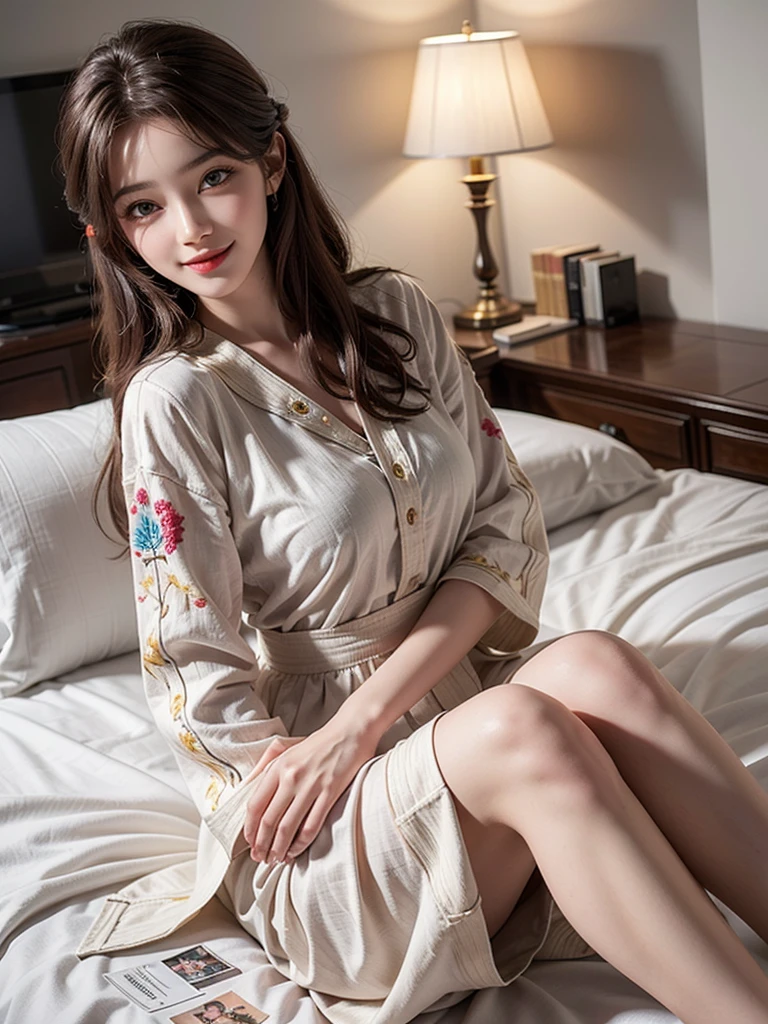 (girl,day view),(illustration close shot),(pretty,very long hair),(best quality,Super fine details),(romantic,colorful),Symmetrical charming eyes, smile,embroidery,high-heels, indoors,sleep on Beds, nightdress
