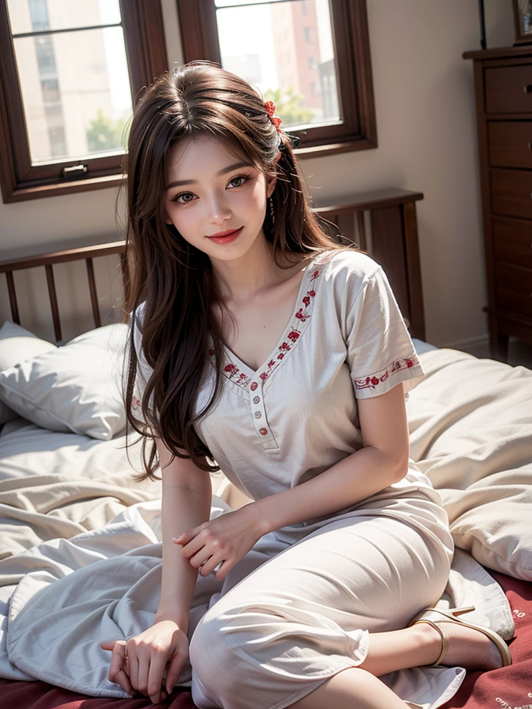 A professional high-quality photo, in 4K resolution, captures in realistic detail a charming girl in a fluffy white pajama with ears and foxtail. She is sitting in the middle of an enchanted forest, where every element is portrayed to perfection. The textures of the pajamas, ears and tail are sharp and palpable. Sunlight falls on the leaves and gently illuminates the girl's face, highlighting each delicate and charming expression