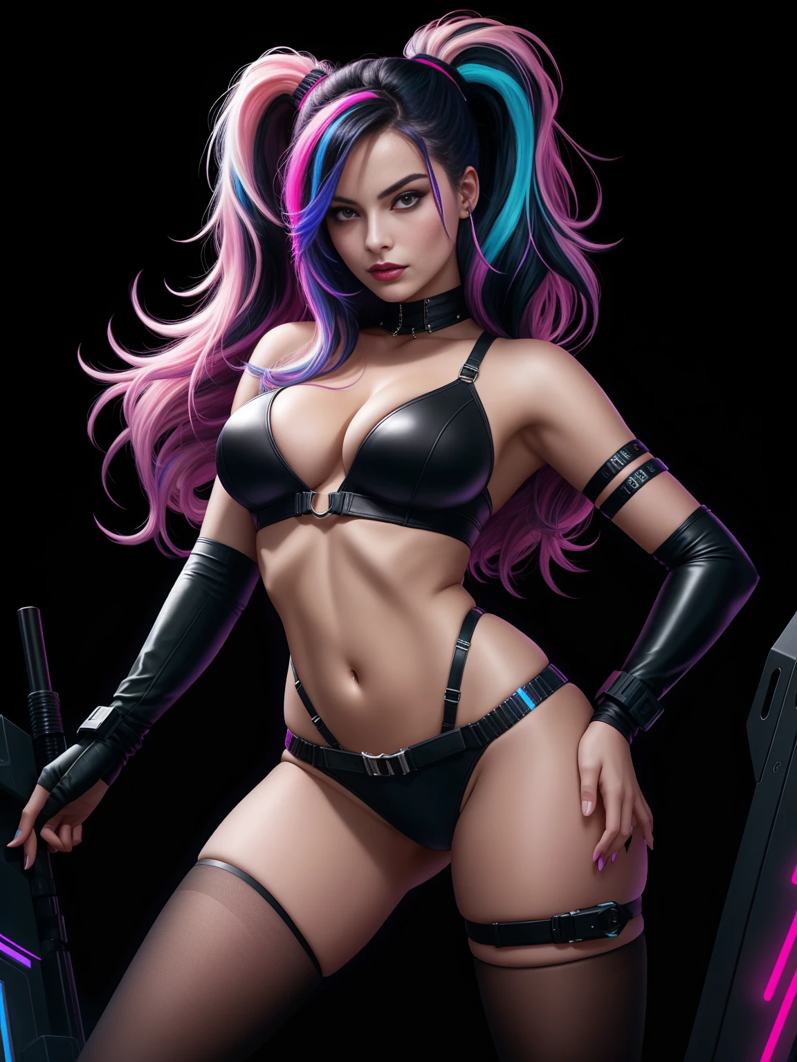 there is Margot Robbie, navy blue and bright purple neon streaked hair, hair in pony tail, 3 d neon art of a womans body, neon-noir background, cyberpunk femme fatale, seductive cyberpunk dark fantasy, cyberpunk strip clubs, cyberpunk 20 y. o model girl, oppai cyberpunk, banner, high definition cgsociety, cgsociety masterpiece, trending on cgstation, kda, random hair, looking at camera, gigantic breasts, cleavage, (high detailed skin:1.2), 8k uhd, dslr, super lighting, high quality, film grain, high res, highly detailed, hyper realistic, beautiful face, beautiful body, beautiful eyes nose lips, alluring expression, very bold, upper visible, full body photo, standing legs apart, pale translucent glowing skin, most beautiful face, cute, (well defined pubic hair:1.2)), (dark plain black background:1.4))