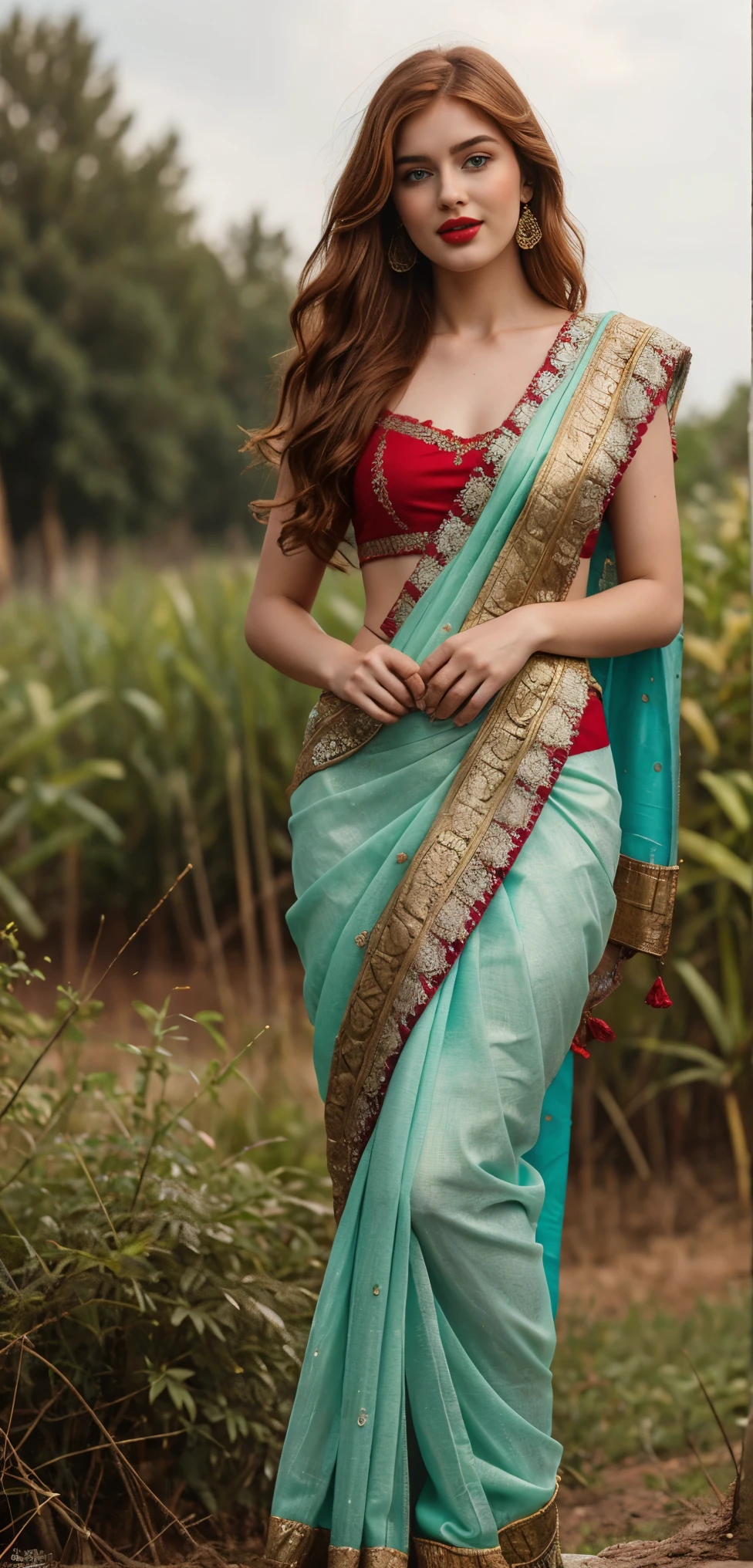 Russian pornstar Jia lissa, inside sugarcane field, evening sky, bossy sassy photoshoot, (wearing silk sexy full Indian desi saree ),(red lipstick, sexy bright face), (intricate detailing of face eyes nose mouth full lips & body parts), textured skin, smile:0.6, eyes symmetry, face symmetry, 256K, HDR, hyper realistic, intricate detailing, yotta-pixel image, yocto-pixel detailing, super realistic,4k, HDR, detailed image, full body capture, whole body capture in this picture, sexy saree Russian 