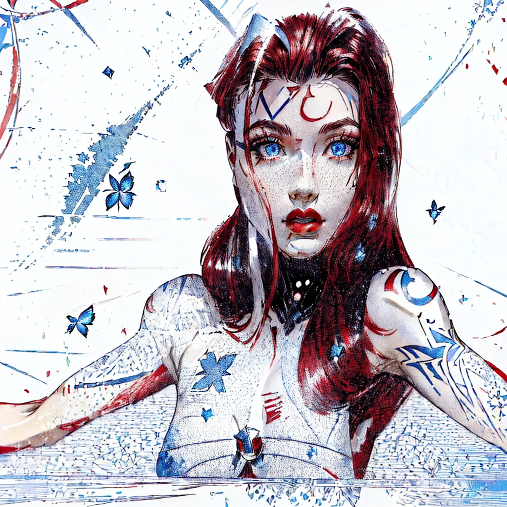 master piece, 8k detail, beautiful woman, full shinny red hair, blue eyes, glossy pouty lips, button nose, pretty face, RED Greek letter tattoo on her forehead, NO other tattoo's on her body or face, white back ground, sunlight to her side at 2 oclock..