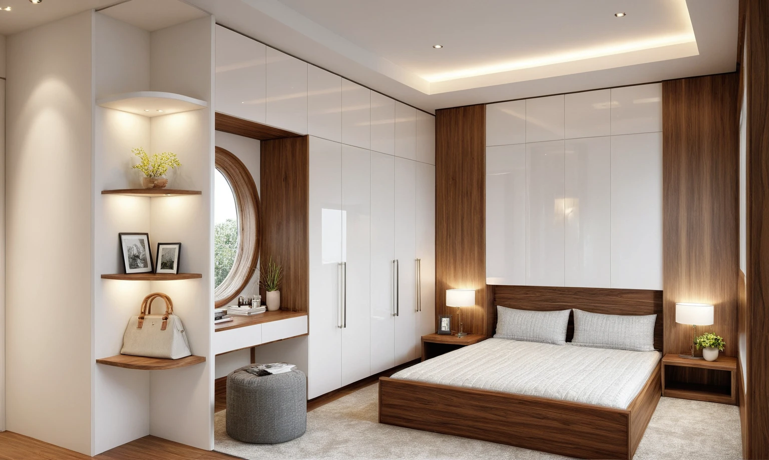 interior design, (walnut furniture:1.3), (white wall:1.3), (white ceiling), (white arcylic panel), wall bed panel design, tones white cream light, walnut tones interior design, (architectural design visualization), (neutral natural lighting), (reflection), (focus on object), (material normal bump real reflection), (scattered light) ((((volumetric light))), (spotlight), (hidden light) (multi-beam light), (sunbeam) (multi-level reflection), (grossy mable floor), led light, 4000 KEVIN, spotlight, (mid day sky background), hidden light, (scattered light), (light ray), (multi-beam light), (sunbeam) (multi-level reflection), (chao vantage software visualization render),(((Best Quality))), ((Masterpiece)), ((best illustration)), ((best shadows)), ((Super Detail)), (Intricate lines), (Photorealism),(hyper detail), ((archdaily)), ((award winning design)), (dynamic light), spotlight, (perfect light), (shimering light), ((photorealistic)), ((intricate detail)), ((extreme detail)), ((crazy detail)), ((octane render)), ((trending on artstation)), ((High-fidelity)), ((Viwvid)), ((Crisp)), ((Bright)), ((Stunning)), ((Eye-catching)), ((High-quality)),((Sharp))((Bright)), ((Stunning)), ((Eye-catching)), ((Illuminating)), ((Flawless)), ((High-quality)),((Sharp edge render)), ((medium soft lighting)), ((photographic render)), ((detailed archviz)), ((reality environment)), (design material walnut modern style)
