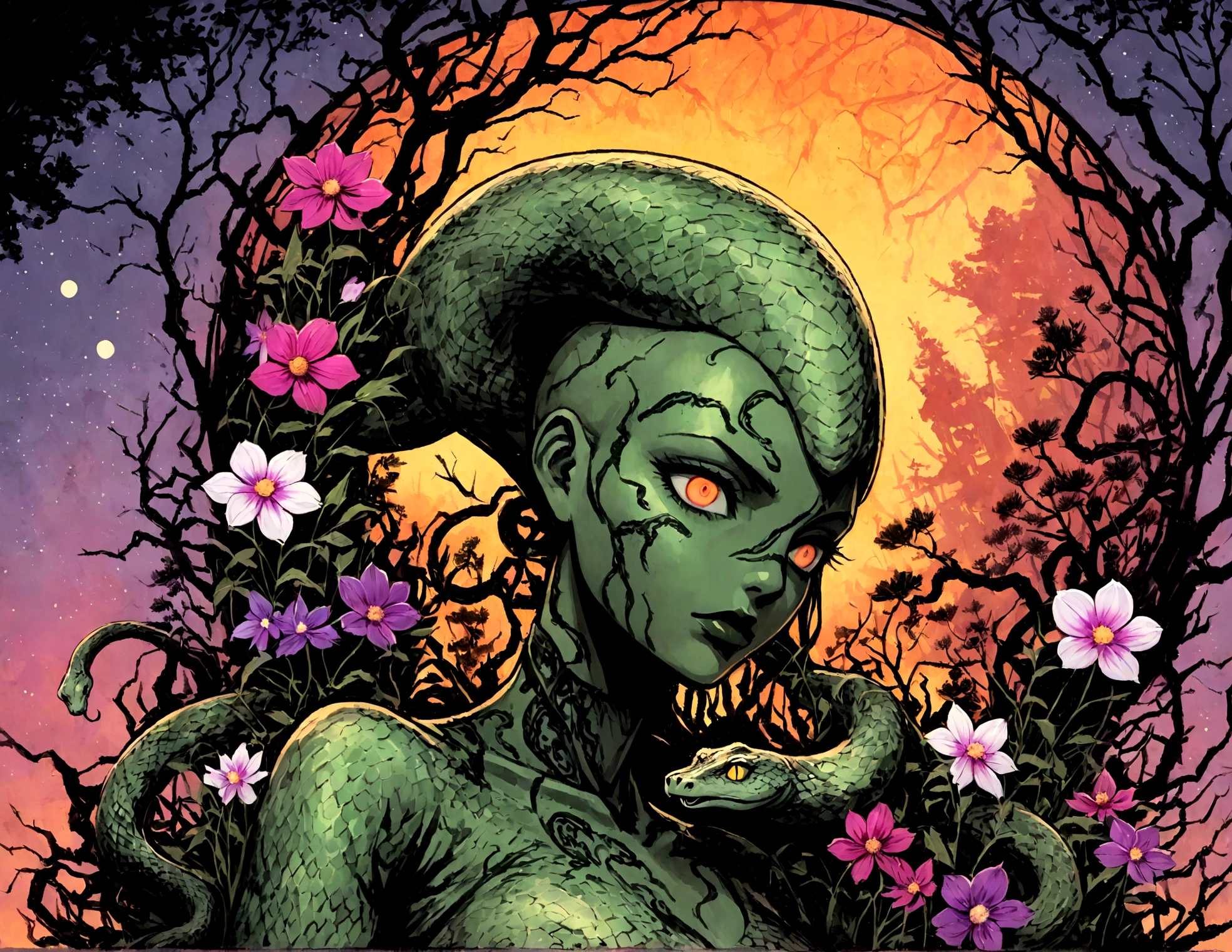 Medusa, splash page decompressed comic cover art, ink style figure, ((expressive Joelle Jones and "Sean Gordon Murphy" comic drawing)), wordless, cinematic poster, abyss void black no visibility darkness, forest green, earth brown), morphology anatomy drawn Frederic Delavier musculature anatomical illustration, (face, ornate black metal corpse paint, resembles Grace Jones), full length portrait, colors, bleak muted deep fiery radiant glowing ROYGBIV, (background, pine barrens, entropy, rewilding, magic hour sunset, galaxy stars, cosmos), candid, snake skin dress, (body, Naga, snakefolk, lower body snake tail, snake woman hybrid, bald, hairless, skeleton, snake skin tattoos, piercing eyes, snake pupils, over the shoulder), craftsmanship nuance, (Gerardo Zaffino charcoal), (horror, abstract, surreal, body, cosmic), subliminal orchids, nyctophobia, silhouette, double exposure, image within image,
