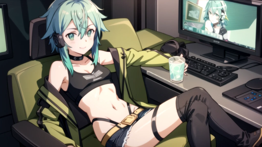 "Sinon Asada is sitting alone in a green gaming chair, looking sexy and mature with short black hair and beautiful green pupils. She is wearing a green techno jacket, a black tank top, and black jeans, while using headphones with glowing green lights. She smile beautifully."