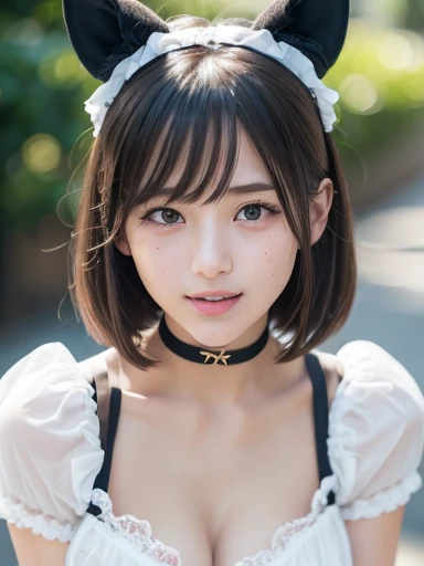 masterpiece、masterpiece、One girl per photo、(Face close-up、Cowboy Shot)、Front view from the front、Japanese、Very young and beautiful woman、(The cutest girl in the world)、24-years-old、Makes your face smaller、Small breasts、Cleavage、Wearing a cute black maid outfit made of short sleeve silk satin、Very elaborate costumes、Smiling at the cafe、Black ribbon headdress、Scrunchie、Black choker、Attractive appearance、Super cute face、Glossy Lips、Double eyelids on both eyes、very short hair 、Long eyelashes、Shiny and smooth light brown hair、Short Twin Tails、Asymmetrical bangs、Center image、8K resolution、Advanced Details、Detailed hairstyle、Detailed face、Great cinema lighting、Octane Rendering、Ultra-realistic、Perfect limbs、Perfect Anatomy、Gravure pose、(embarrassed、blush、open clothes、cleavage)、((High angle、belly button、Beautiful clavicle、Put your hands up、Armpits、Open your mouth a little、Close ~ eyes、Look up))、Selfie、freckles、Round Glasses、undressing、changing clothes、erect nipples