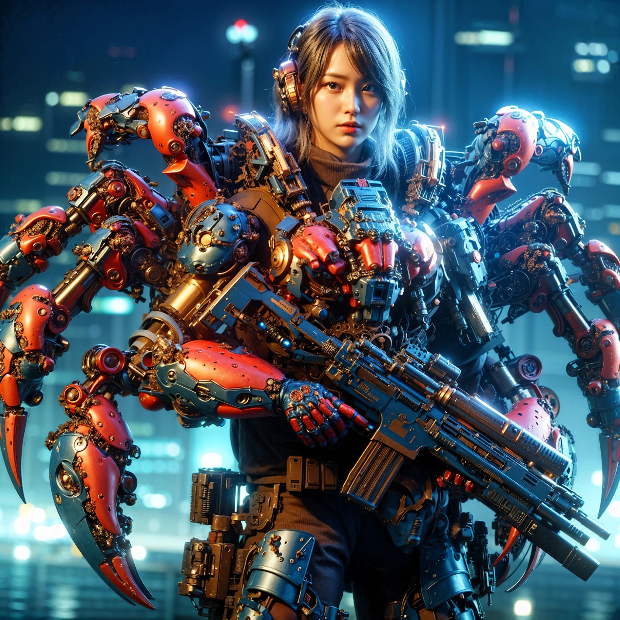 (extremely intricate all details)、(extremely realistic all Texture) 、glossy Texture、Navy blue heavy mechanical armor resembling a pillbug, designed by Hajime Katoki、1 person、Beautiful female soldier、Multi-legged、Heavyweight、Heavy Armor、Firearms、Ultra-realistic、Full Body Shot、Night view of the bayside industrial area、Spotlight lighting to illuminate characters、Please generate at least 4 copies.
