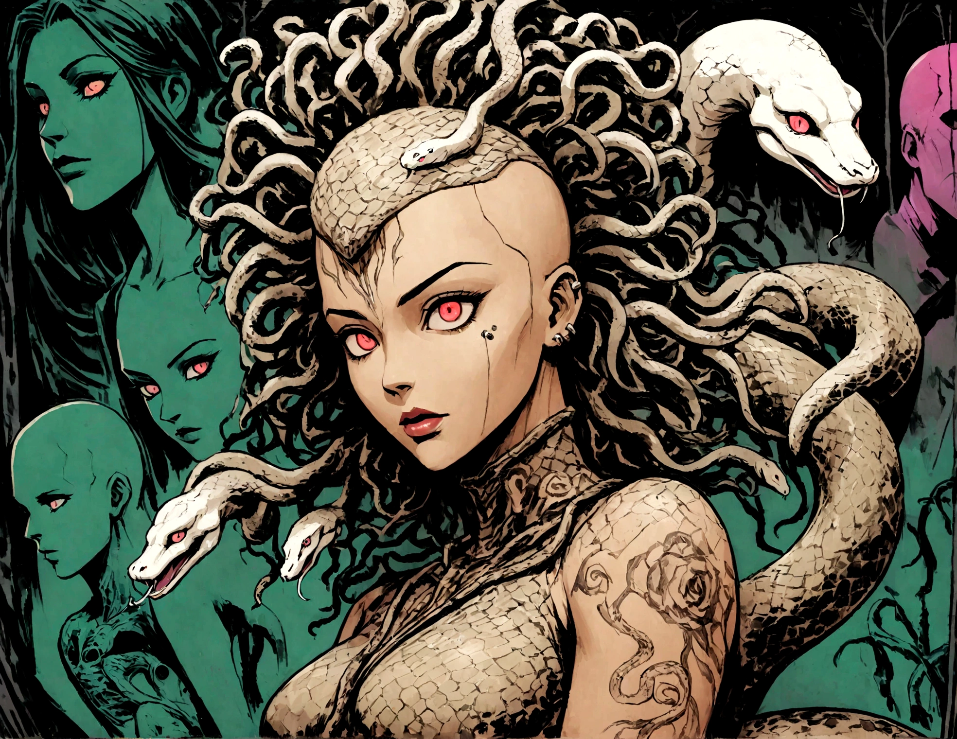 Medusa, splash page decompressed comic cover art, ink style figure, ((expressive Joelle Jones and "Sean Gordon Murphy" comic drawing)), wordless, cinematic poster, abyss void black no visibility darkness, forest green, earth brown), morphology anatomy drawn Frederic Delavier musculature anatomical illustration, (face, ornate black metal corpse paint, resembles Grace Jones), full length portrait, colors, bleak muted deep fiery radiant glowing ROYGBIV, (background, pine barrens, entropy, rewilding, magic hour sunset, galaxy stars, cosmos), candid, snake skin dress, (body, Naga, snakefolk, lower body snake tail, snake woman hybrid, bald, hairless, skeleton, snake skin tattoos, piercing eyes, snake pupils, over the shoulder), craftsmanship nuance, (Gerardo Zaffino charcoal), (horror, abstract, surreal, body, cosmic), subliminal orchids, nyctophobia, silhouette, double exposure, image within image,