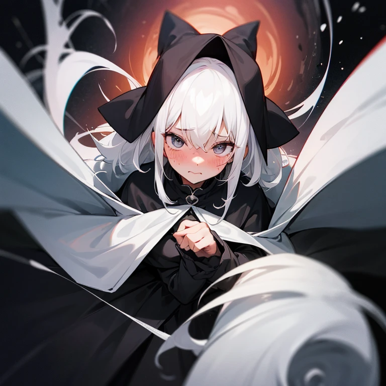 1 girl, black and white hair, black and white cape, black outfit, black hole behind, front facing, swirls, Blush, embarrassed, 
