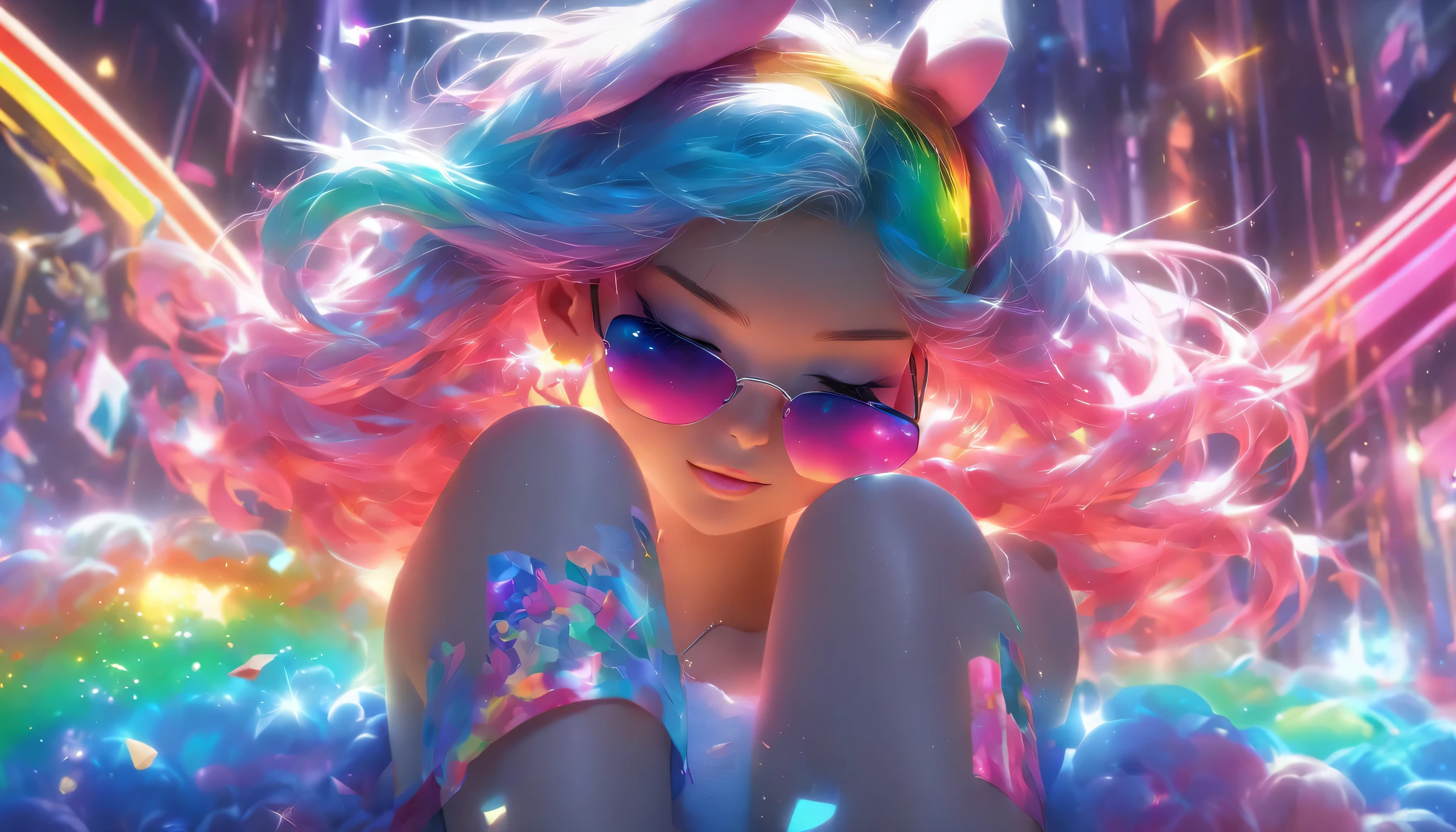 Transparent color PVC clothing, Transparent colorful vinyl Bunny girl, Prismatic, Holographic, chromatic aberration, Fashion Illustration, masterpiece, DJ Girl, View Viewer, 8k, Super detailed, Pixiv、((Colorful Hair))、Wearing headphones、、((Bunny girl))、((A pose that emphasizes the chest))、(((Rainbow Hair)))、((He's wearing cool sunglasses))、((Long legs))、(((Sleeping on your back)))