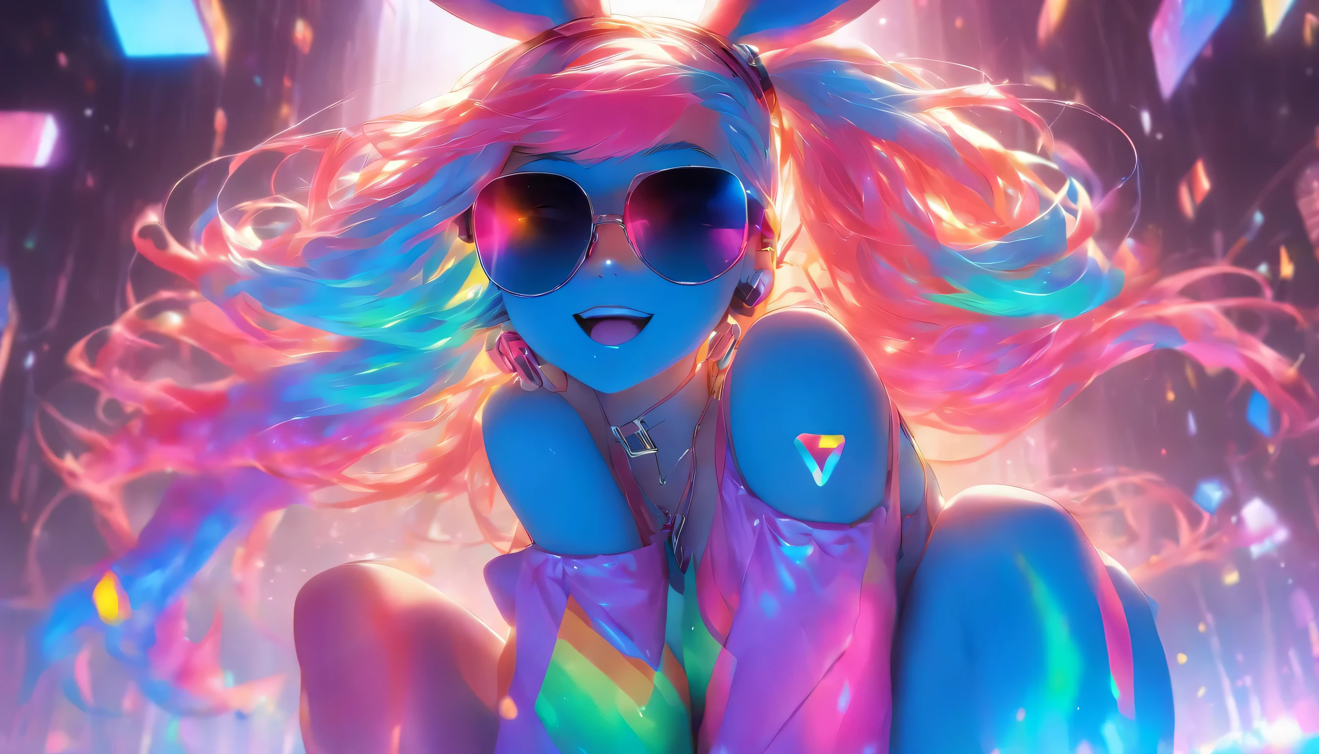 Transparent color PVC clothing, Transparent colorful vinyl Bunny girl, Prismatic, Holographic, chromatic aberration, Fashion Illustration, masterpiece, DJ Girl, View Viewer, 8k, Super detailed, Pixiv、((Colorful Hair))、Wearing headphones、、((Bunny girl))、((A pose that emphasizes the chest))、(((Rainbow Hair)))、((He's wearing cool sunglasses))、((Long legs))、(((Crossing your legs)))