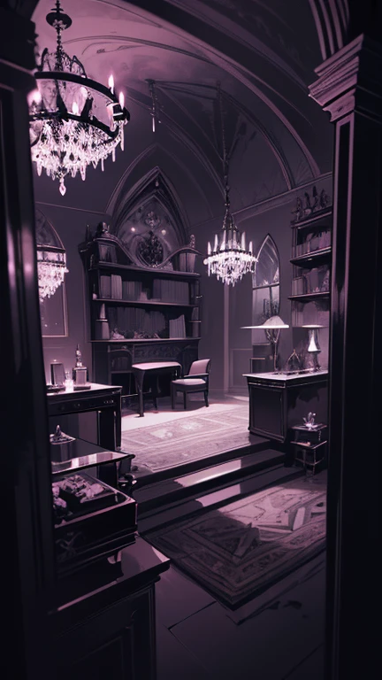 A highly detailed, gothic-style illustration of a spacious indoor room at night, with a wide composition showcasing a gothic-style bed, a chandelier, gothic-style furniture, bookshelves, and a plush rug, all bathed in a moody, dark atmosphere with a beautiful night sky visible through the lace curtains, featuring a crescent moon and twinkling stars, masterpiece, (best quality,8k,ultra-detailed,hyper-realistic,extremely detailed),(intricate,gothic,dark fantasy:1.2),dramatic lighting,moody atmosphere,cinematic,elegant,luxurious interior,minimal human presence,(pink and black color palette:1.1),ethereal,mystical,atmospheric,studio lighting,physically-based rendering