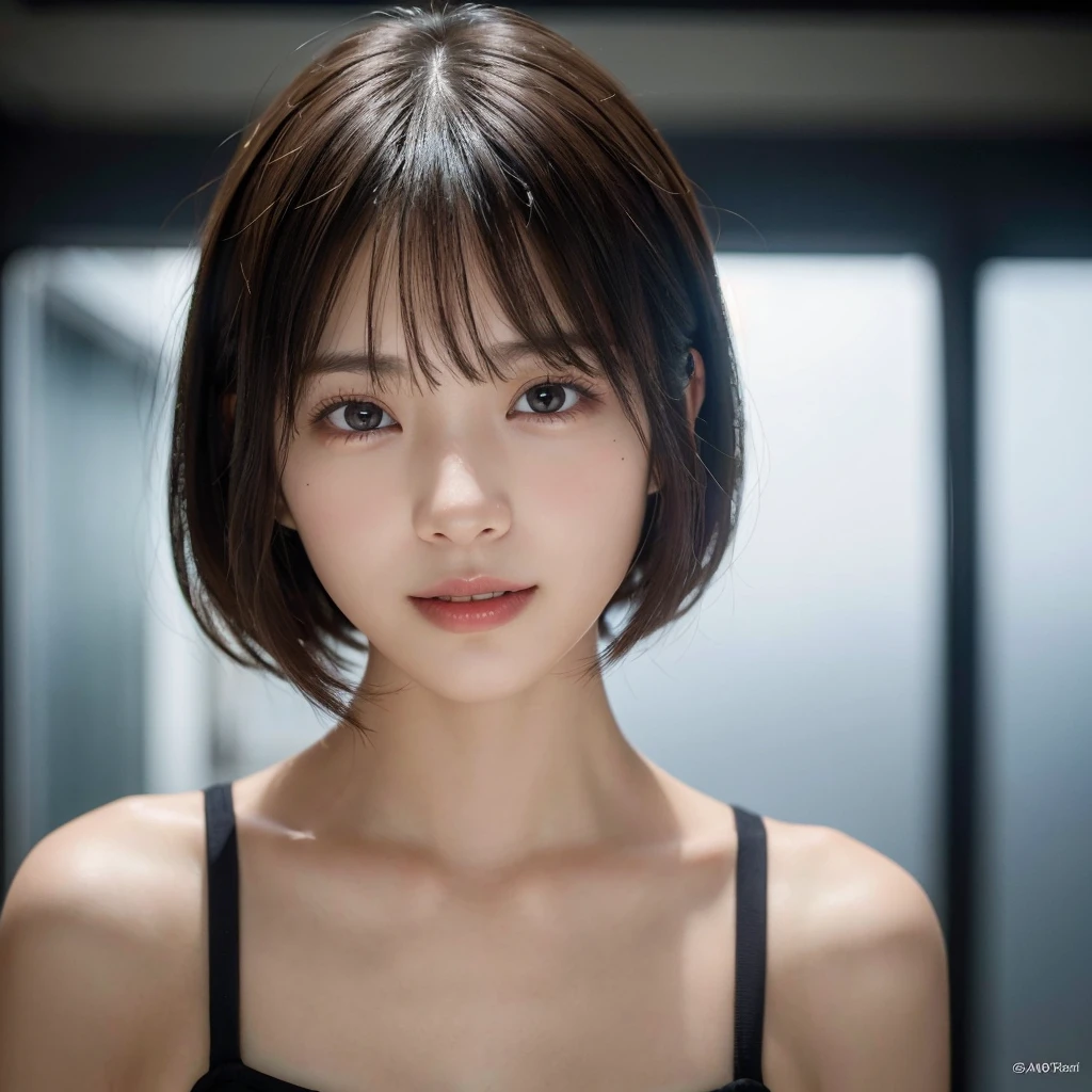 Perfect teeth alignment,I can see the tongue,Rembrandt Lighting, (Photorealistic:1.2), (highest quality), (Detailed skin:1.3), (Intricate details), Ray Tracing,One girl, In detail,real, One Girl, Very beautiful face and eyes,Short Hair, 顔front, (Intricate details), dramatic, Ray Tracing, 顔front, Scattered beneath the surface,(blush:0.5), front, bangs, Hair between the eyes, One girl, Cute Japanese Girl,Detailed skin texture, Bare skin above the collarbone, Shoulder Bare Skin, masterpiece, highest quality, High resolution, View your viewers、Idols,