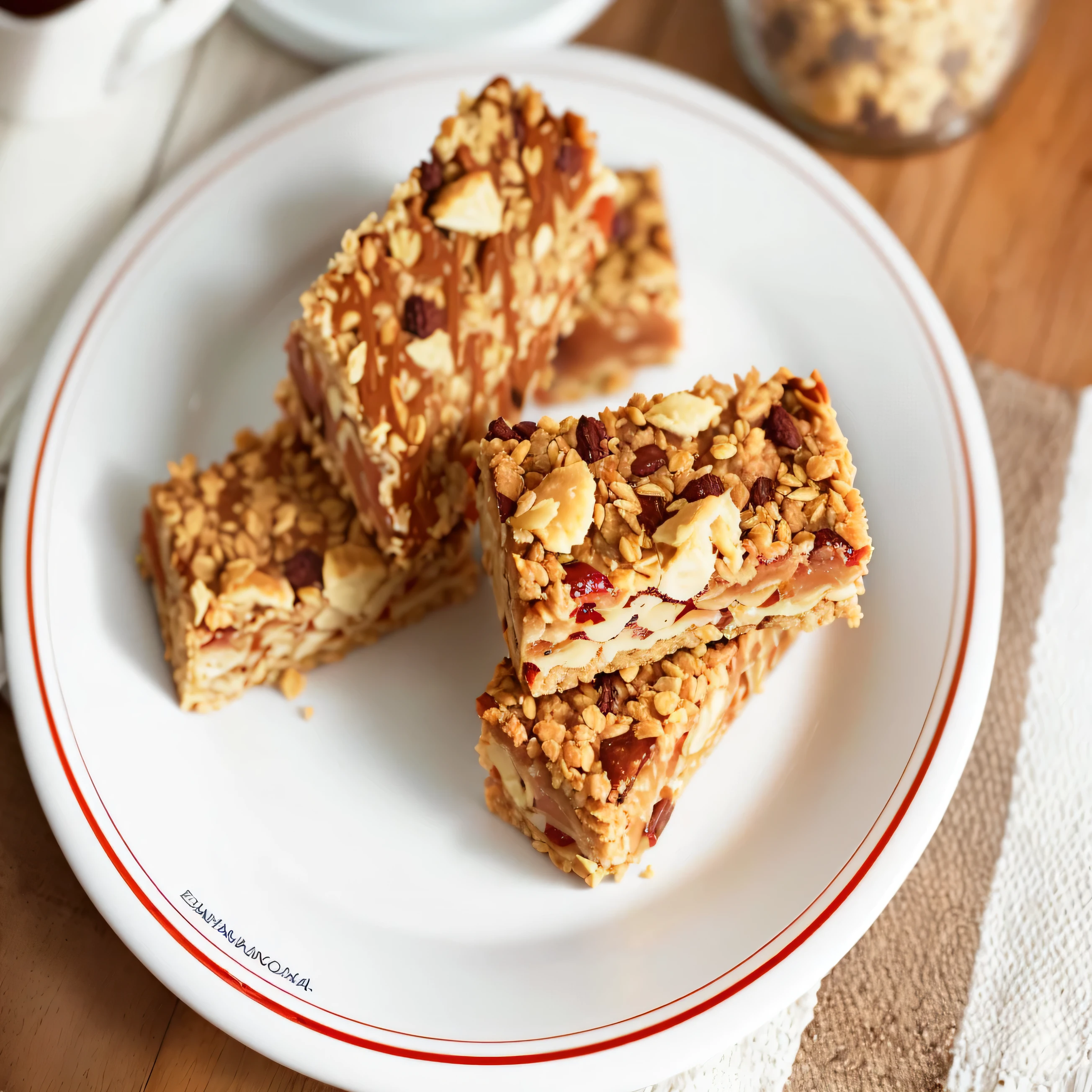 there are three pieces of granola bars on a plate, Delicioso, noz, Healthy, yum, receita, Lanches, comida, bar, altamente intrincado, por Emma Andijewska, fazendo um lanche, mmmmm, por Alexander Kotsis, canudo, Direction: Magdalene Bärens, inspired by Eva Švankmajerová