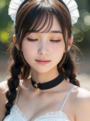 masterpiece、masterpiece、One girl per photo、(Face close-up、Cowboy Shot)、Front view from the front、Japanese、Very young and beautiful woman、(The cutest girl in the world)、24-years-old、Makes your face smaller、Small breasts、Cleavage、Wearing a cute black maid outfit made of short sleeve silk satin、Very elaborate costumes、Smiling at the cafe、Black ribbon headdress、Scrunchie、Black choker、Attractive appearance、Super cute face、Glossy Lips、Double eyelids on both eyes、twin braids 、Long eyelashes、Shiny and smooth light brown hair、Short Twin Tails、Asymmetrical bangs、Center image、8K resolution、Advanced Details、Detailed hairstyle、Detailed face、Great cinema lighting、Octane Rendering、Ultra-realistic、Perfect limbs、Perfect Anatomy、Gravure pose、(embarrassed、blush、open clothes、cleavage)、((High angle、belly button、Beautiful clavicle、Put your hands up、Armpits、Open your mouth a little、Close ~ eyes、Look up))、Selfie、freckles、Round Glasses、undressing、changing clothes、erect nipples