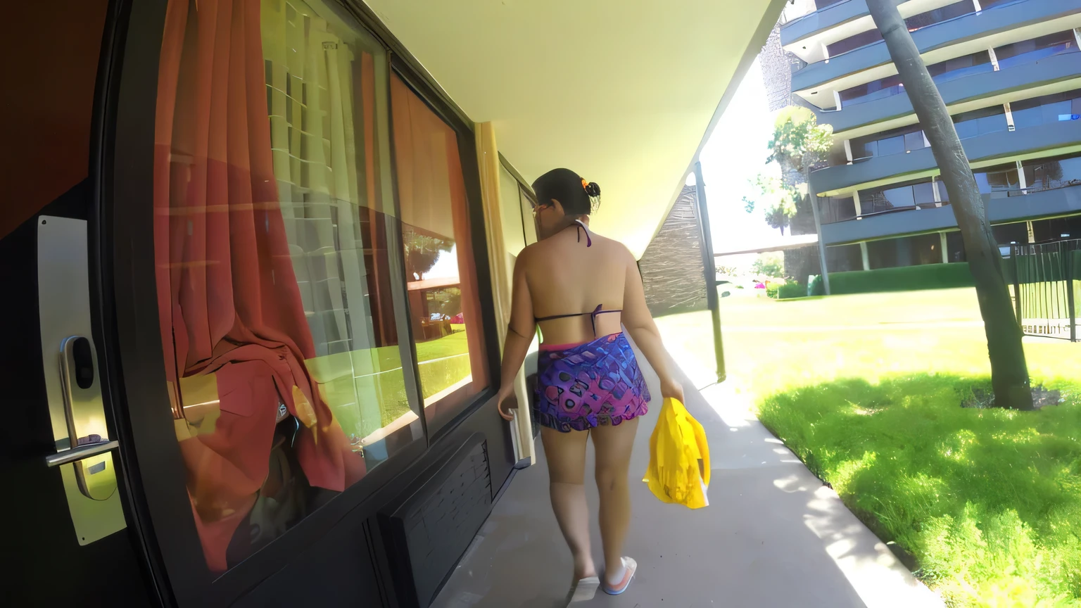 araffe walking down a sidewalk past a store window with a bag and a yellow frisbee, next to a pool, uhd candid photo of dirty, shot on gopro9, walking away from camera, side shot, walking away from the camera, rear-shot, pov photo, bathing suit, backshot, rear view, backview, waist - shot