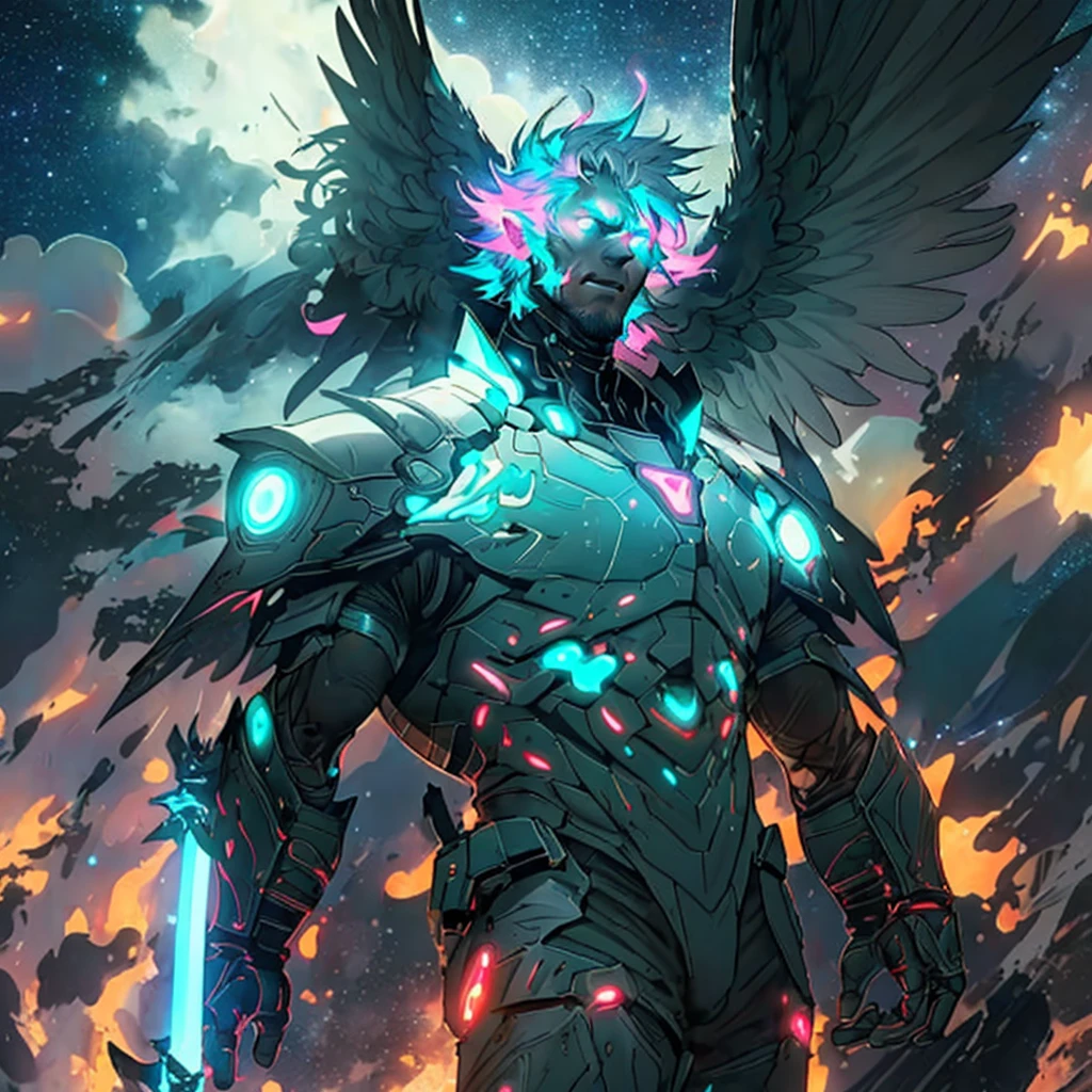 warrior with long wings, old men with wolf ears, (ultra-detailed), (perfect lighting), (dynamic angle), floating while landing, futuristic retro armor, long sword, fire pink neon glowing outline, starry sky, colorful clouds