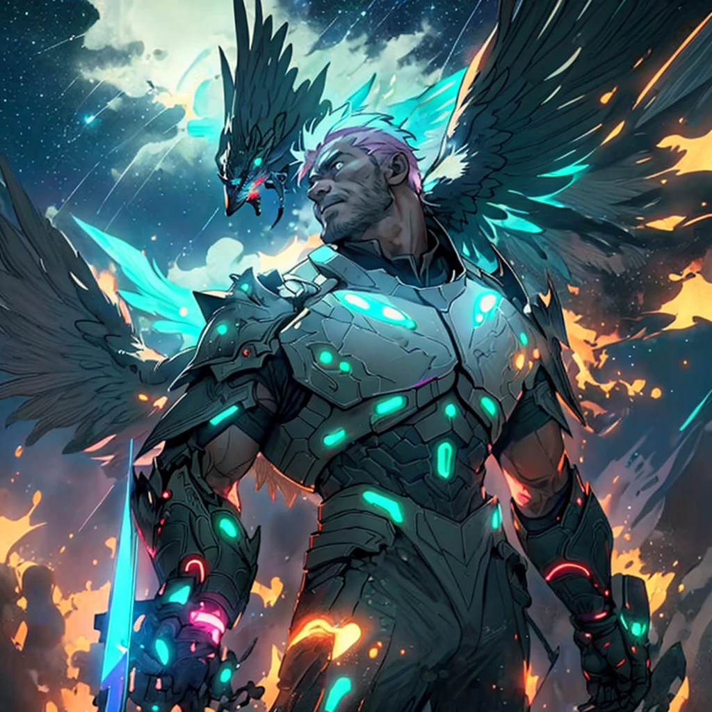 warrior with long wings, old men with wolf ears, (ultra-detailed), (perfect lighting), (dynamic angle), floating while landing, futuristic retro armor, long sword, fire pink neon glowing outline, starry sky, colorful clouds