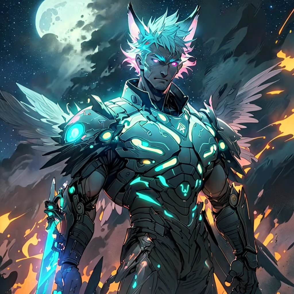 warrior with long wings, old men with wolf ears, (ultra-detailed), (perfect lighting), (dynamic angle), floating while landing, futuristic retro armor, long sword, fire pink neon glowing outline, starry sky, colorful clouds
